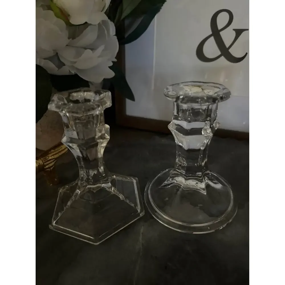 Set of 3 Clear Glass Taper Candle Holders Heavy French Country Elegant Glam